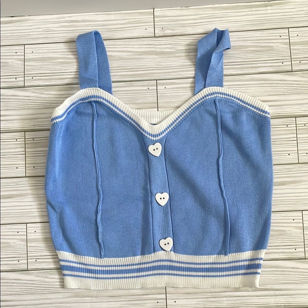 Blue and White Heart Button Crop Top